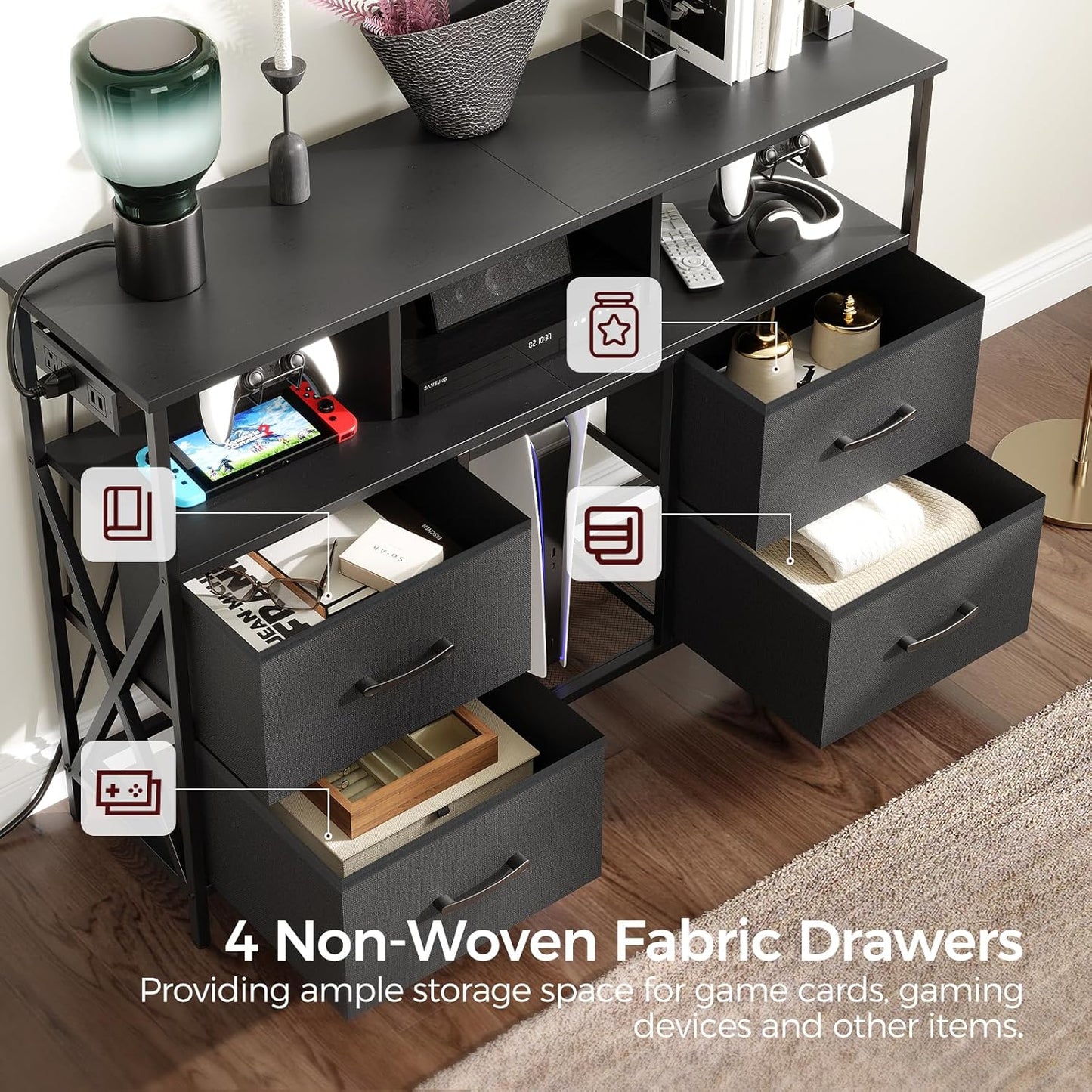 Dresser TV Stand, Entertainment Center with Power Outlets and LED Light, Media Console with Drawers and Open Shelves for 50'' TV, for Living Room, Bedroom, Black TVHB110E01N1