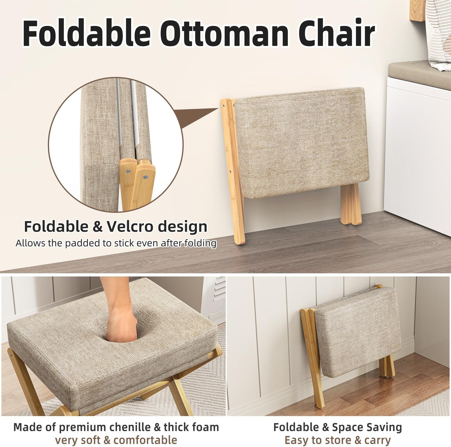 Foldable Foot Stool Ottoman, Modern Foot Rest with Bamboo X Legs & Thick Foam Cushion, Folding Foot Stools Small Padded for Bedroom Living Room, Footstool for Chair Couch (Natural - Brown)