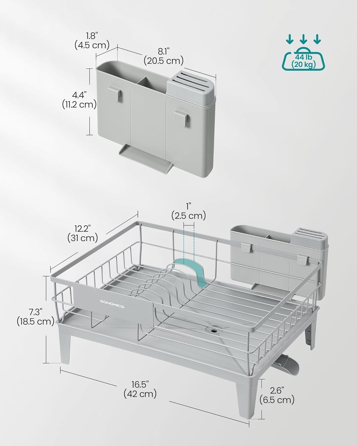 Dish Drying Rack, Kitchen Dish Rack, with Drainboard, 360° Rotatable and Extendable Spout, with Cutlery Holder, 12.2 X 16.5 X 7.3 Inches, Dove Gray UKCS550G01
