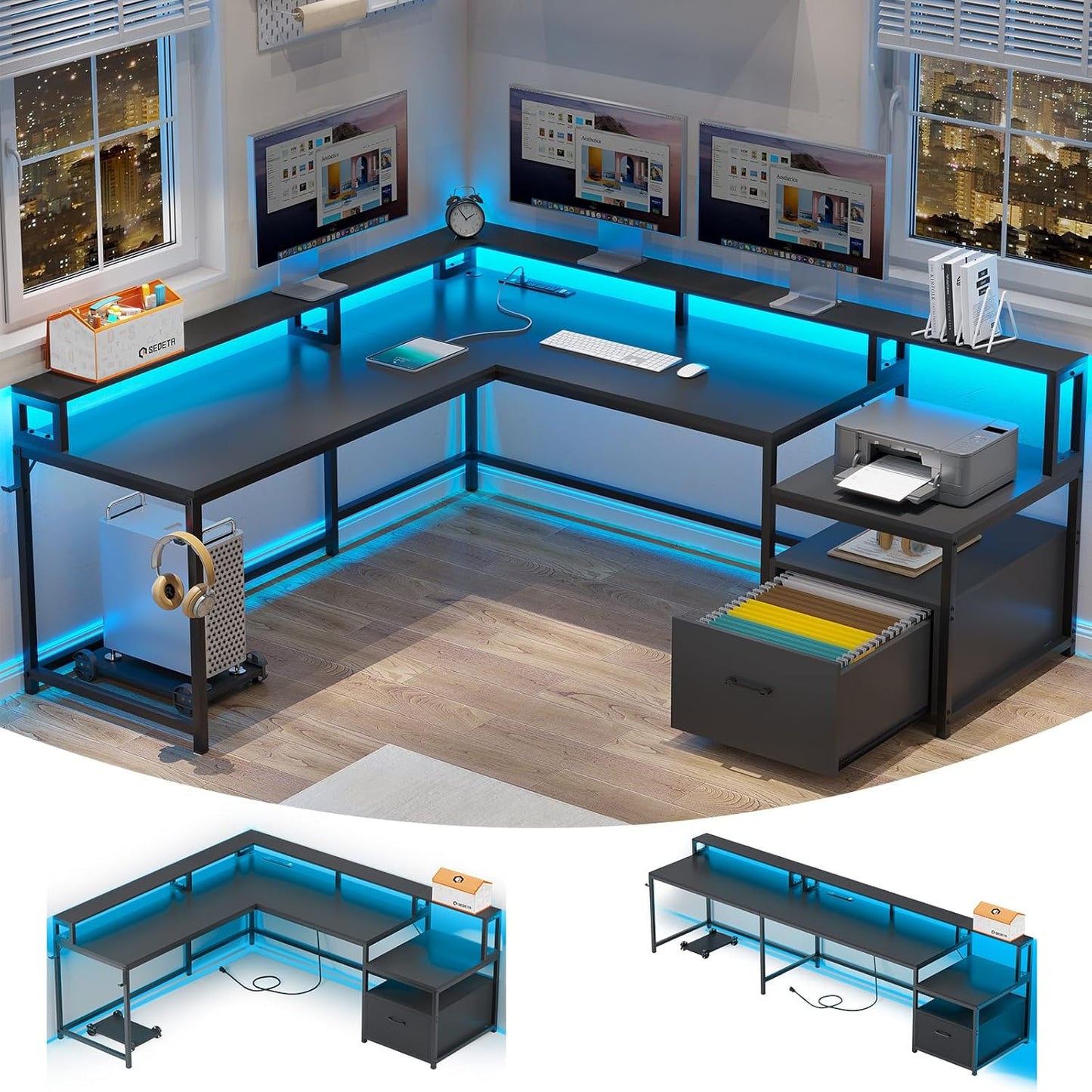 L Shaped Gaming Desk, 66" Home Office Desk with Wood File Drawer & Power Outlet, Corner Gaming Computer Desk with Led Lights, Monitor Shelf and Printer Storage Shelves, Two Person Desk, Black