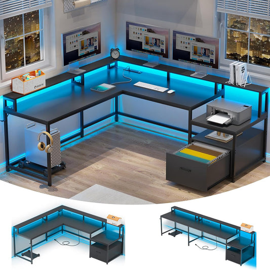 L Shaped Gaming Desk, 66" Home Office Desk with Wood File Drawer & Power Outlet, Corner Gaming Computer Desk with Led Lights, Monitor Shelf and Printer Storage Shelves, Two Person Desk, Black