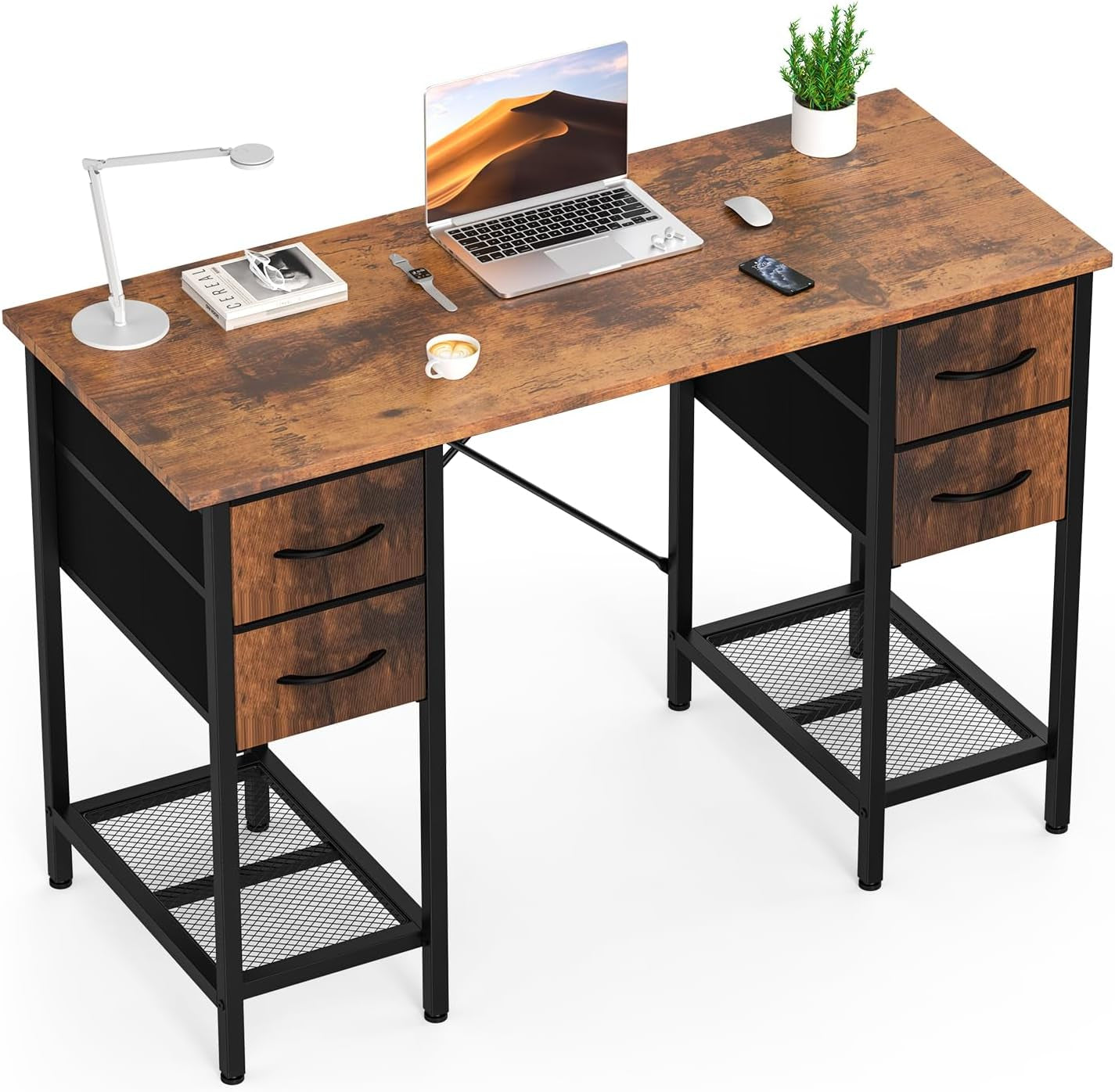 Computer Desk 47 Inch with 4 Drawers Home Office Table with Mesh Shelf for Work Study Writing Gaming Storage Furniture for Bedroom, Rustic Brown