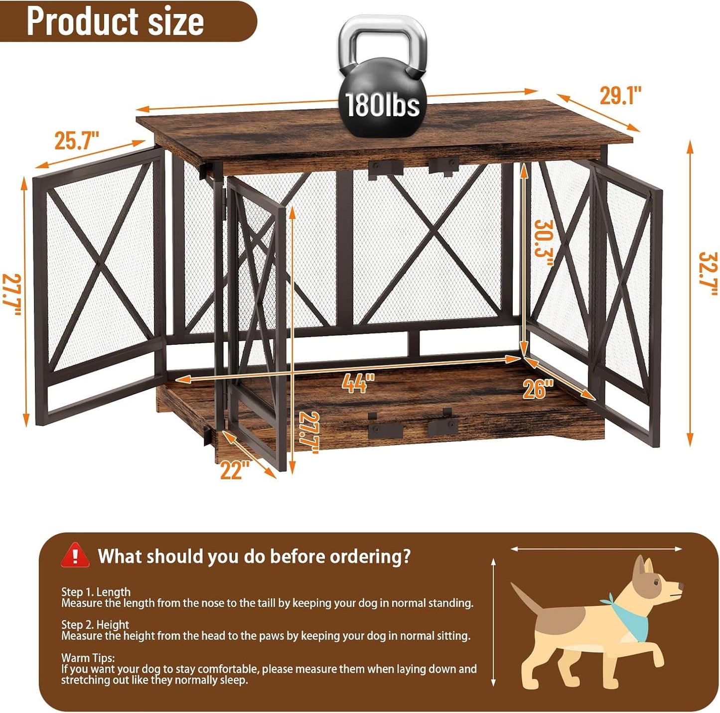 Dog Crate Furniture, 48 Inch Dog Crates for Medium/Large Dogs, Farmhouse Wood Dog Kennel Indoor Heavy Duty Dog Cage with Caster Wheels (Gray)