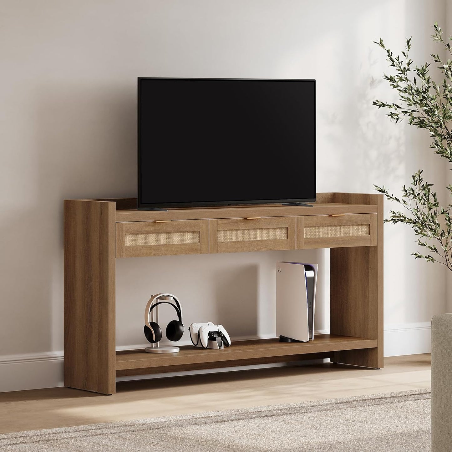 60" Rattan Console Table for Entryway - Farmhouse Entry Table Sofa Table with 3 Drawers, Narrow TV Console Table with Storage for Living Room, Hallway, Couch, Foyer