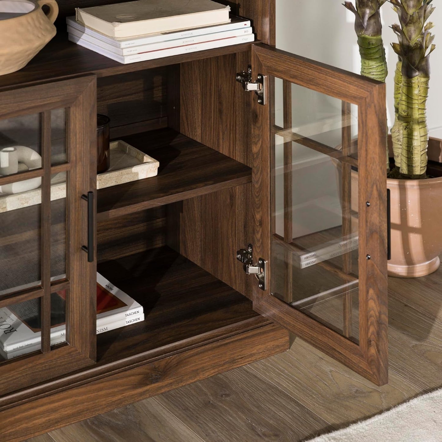 Classic Glass Door Universal TV Stand for Tv'S up to 64" Flat Screen Living Room Storage Cabinet Doors and Shelves Entertainment Center, 16"D X 58"W X 33"H, Dark Walnut