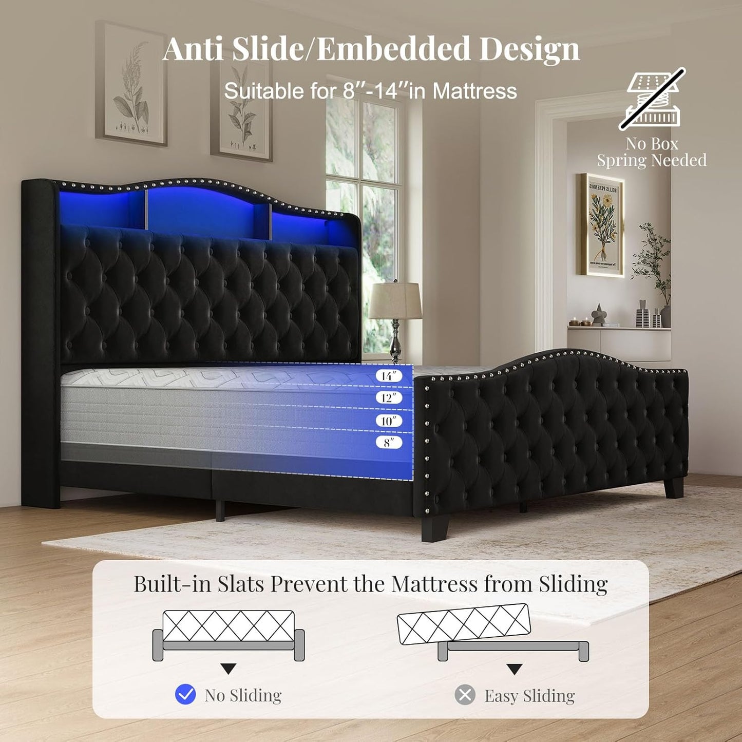 King Size Bed Frame and Headboard, 50.9" Velvet Upholstered Wingback Bedframe with LED Lights & Storage/Charging Station, Button Tufted Tall Footboard, No Box Spring Needed, Noise-Free, Black