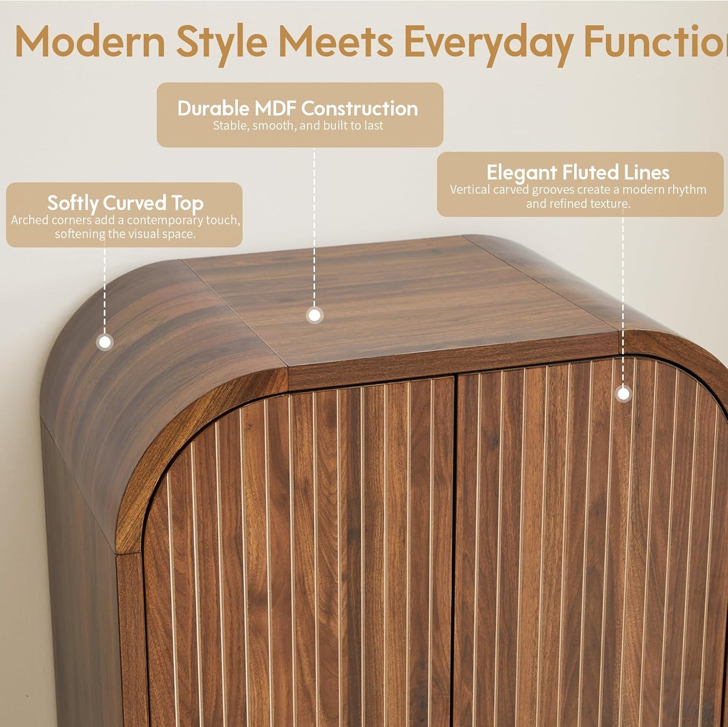 Arched Armoire Wardrobe Closet, Mid-Century Modern 2-Door Freestanding Wardrobe with Hanging Rod and 2 Drawers, Fluted Carved Clothing Storage Cabinet for Bedroom (Walnut)