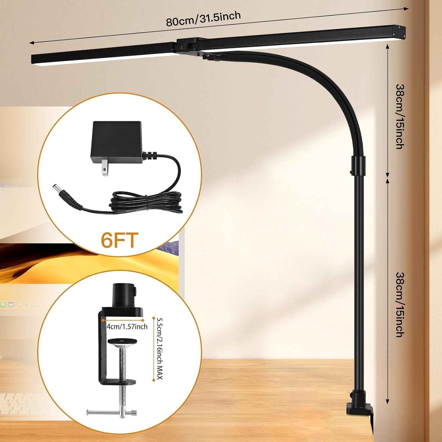 Double Head LED Desk Lamp with Remote Control for Home Office 24W Brightest Computer Desk Light for Workbench Drafting Architect Study Reading with Anti-Glare Cover
