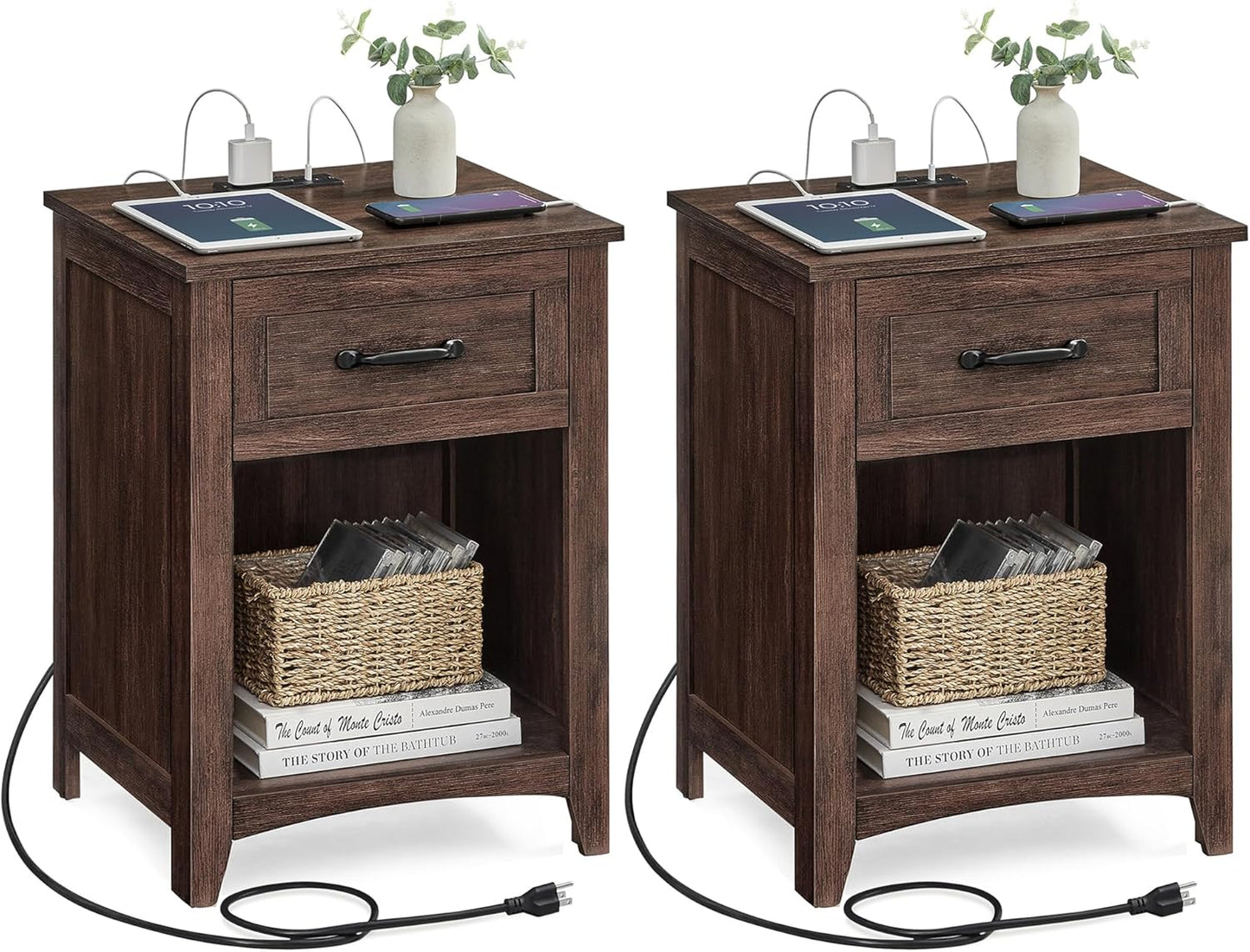 LIRY Collection - Farmhouse Nightstands with Charging Station, Set of 2 Bedside Tables, Side Tables with Drawer, Open Compartment, for Bedroom, Maroon Brown ULET959K51