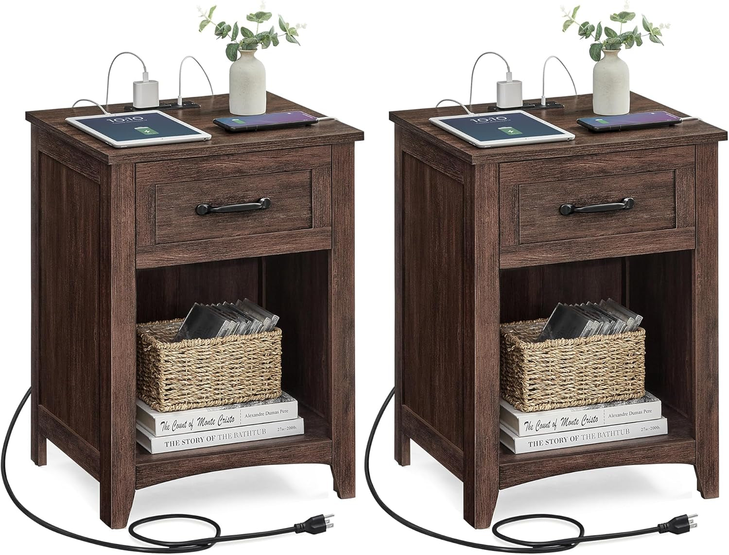LIRY Collection - Farmhouse Nightstands with Charging Station, Set of 2 Bedside Tables, Side Tables with Drawer, Open Compartment, for Bedroom, Maroon Brown ULET959K51