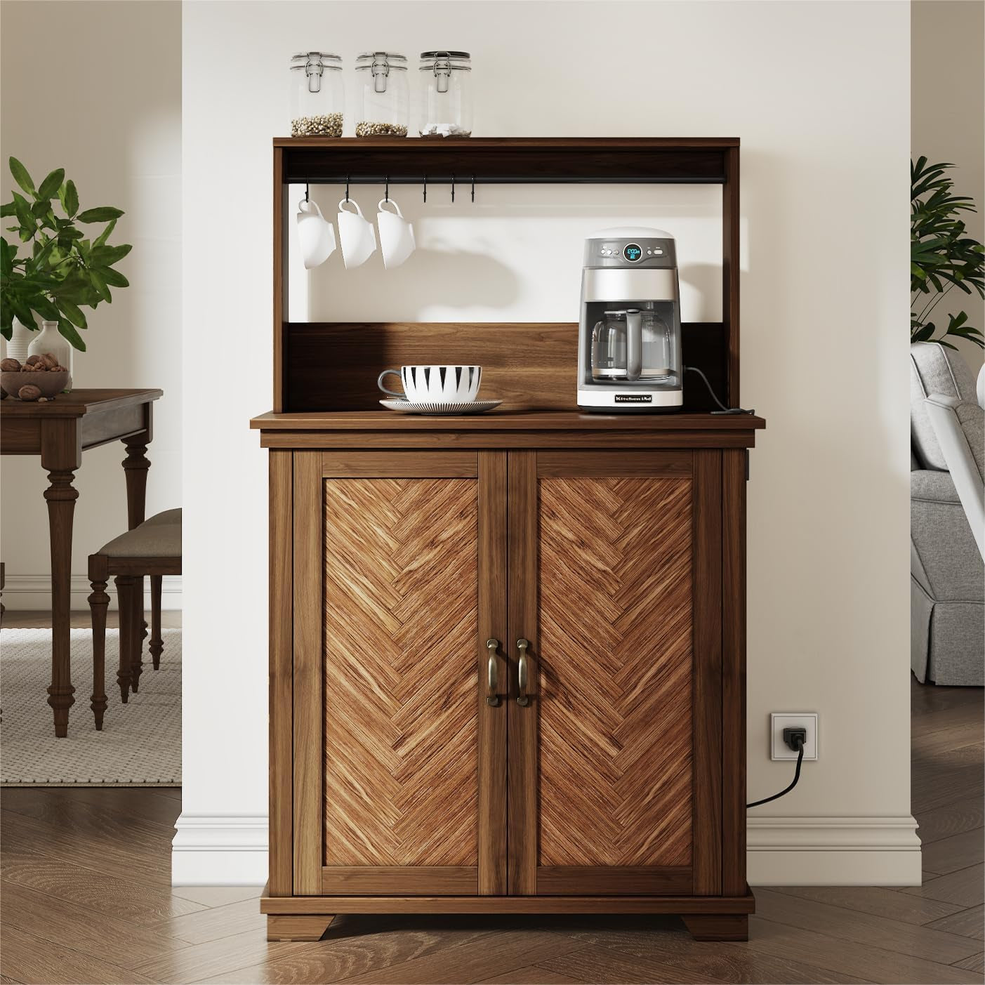 Farmhouse Coffee Bar Cabinet with Storage,31.5" Kitchen Cabinet with Hooks and Charging Station,Coffee Station with Adjustable Shelf and Hutch,Sideboard for Living Dining Room