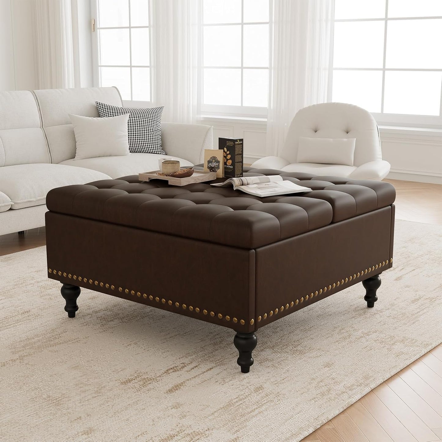 35 Inch Square Ottoman with Storage, Large Leather Ottoman Coffee Table, Lift-Top Leather Ottomans, Multi-Function Storage Bench and Foot Rest, Dark Brown