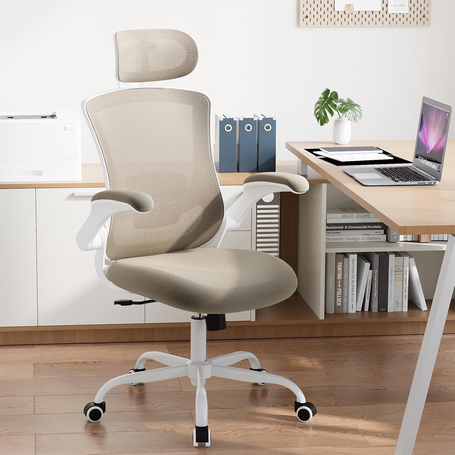Ergonomic Office Chair with Adjustable Lumbar Support & Headrest, High Back Mesh Desk Chair with Flip-Up Armrests, Breathable & Comfortable Computer Chair for Home, Office & Study –Khaki