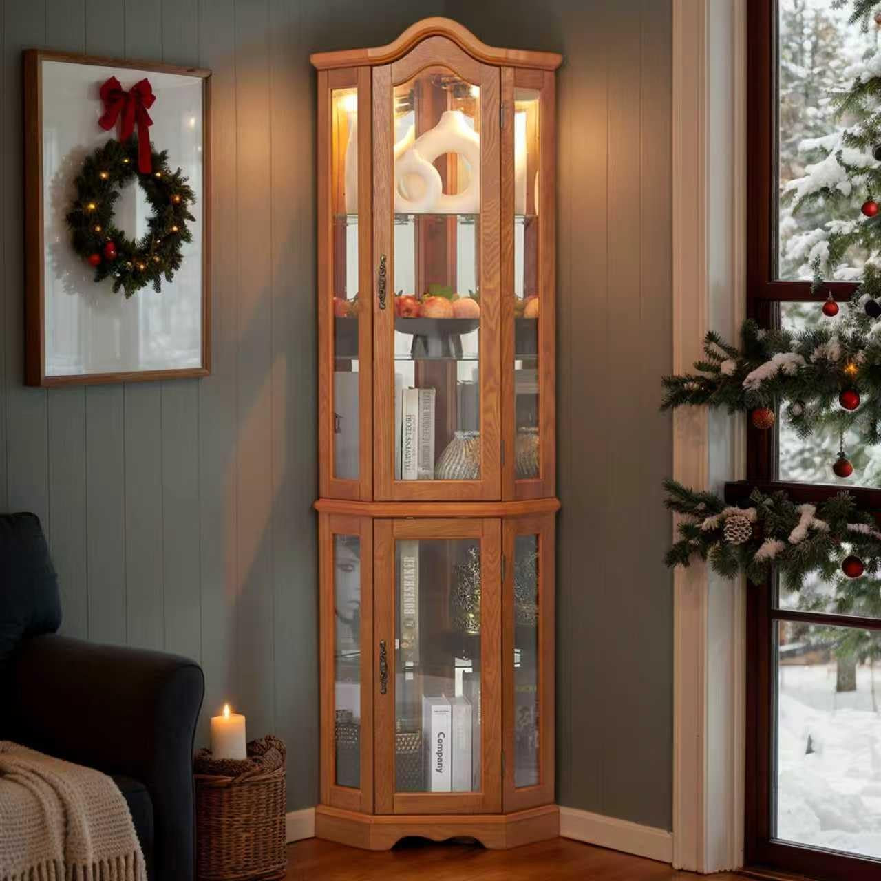 70.5" H Lighted Corner Display Curio Cabinet, Wooden Shelving Unit with Tempered Glass Doors, Bar and Liquor Storage Area, Rack for Living Room (Oak)