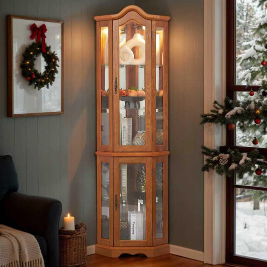 70.5" H Lighted Corner Display Curio Cabinet, Wooden Shelving Unit with Tempered Glass Doors, Bar and Liquor Storage Area, Rack for Living Room (Oak)