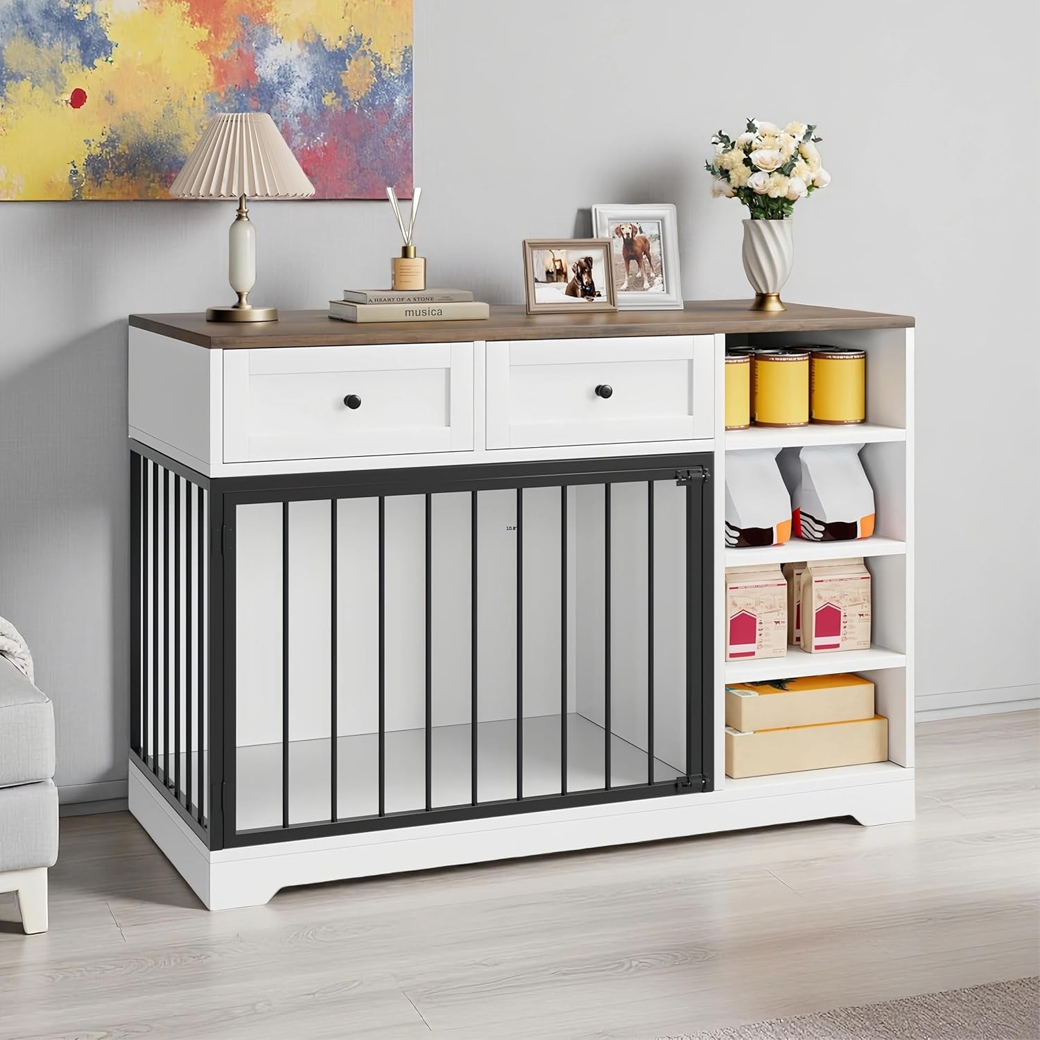 47" Dog Crate Furniture, Wooden Dog Kennel with Drawers and Shelves, Large Dogs Crate Furniture TV Stand, Indoor Pet Cage for Large Medium Dogs