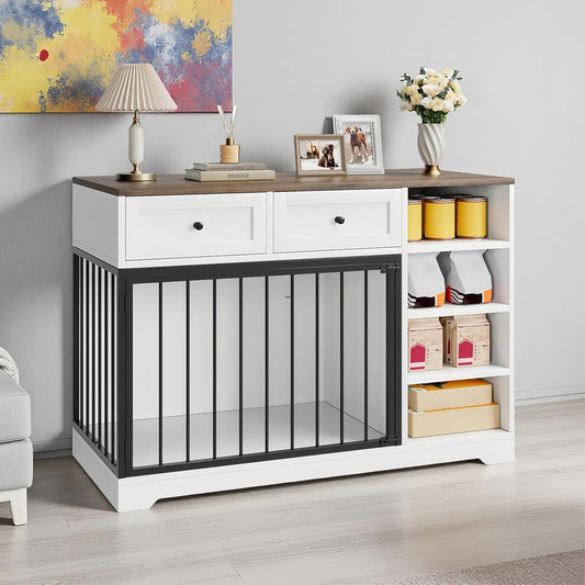 47" Dog Crate Furniture, Wooden Dog Kennel with Drawers and Shelves, Large Dogs Crate Furniture TV Stand, Indoor Pet Cage for Large Medium Dogs