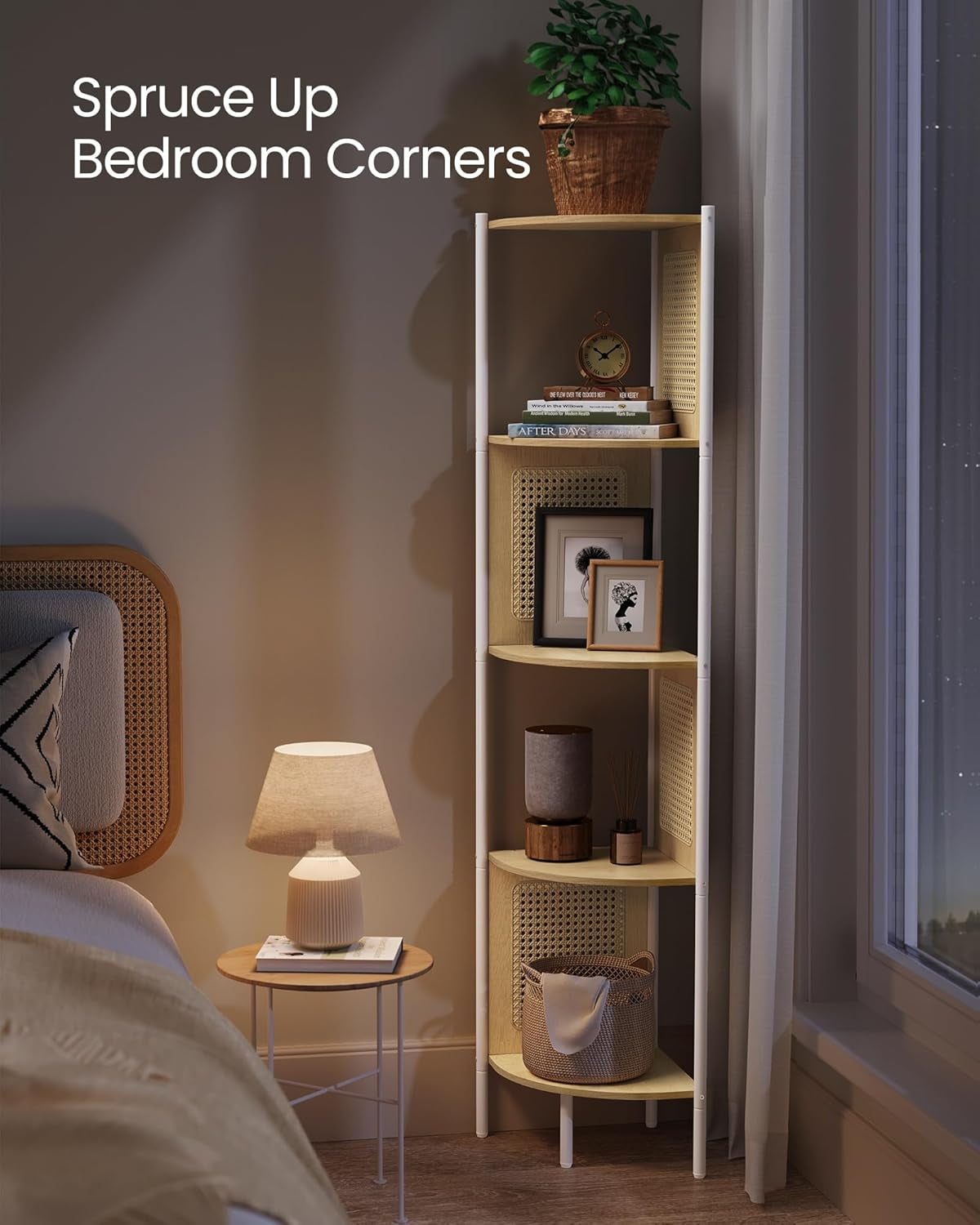 5-Tier Corner Shelf Stand, Boho Corner Bookshelf with Polyrattan Sides, Plant Stand for Living Room Bedroom Study Kitchen, Oak Beige ULLS588Y57