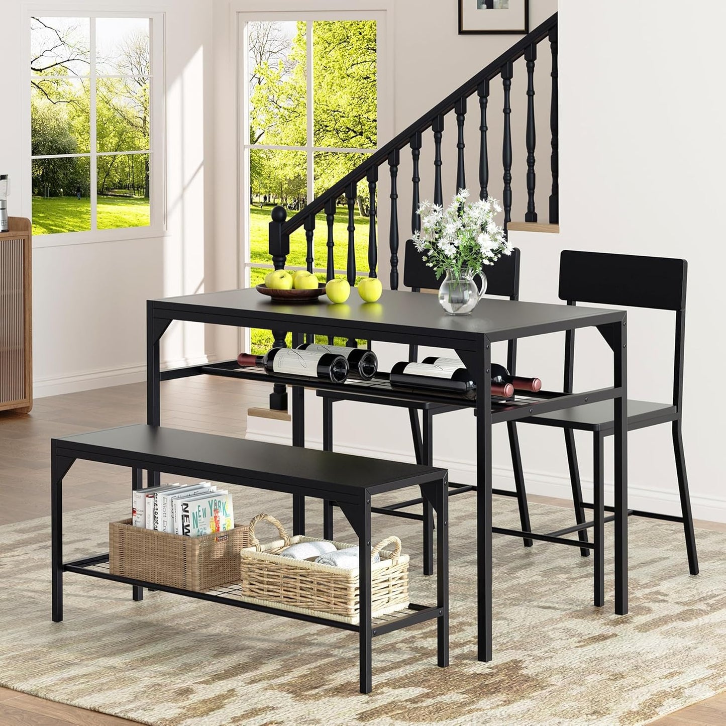 Kitchen Table Chairs Set of 4, Dining Table Set for 4 with Bench and Chairs, 4 Pieces Kitchen Table Set with Storage Rack & Metal Frame for Small Space, Black