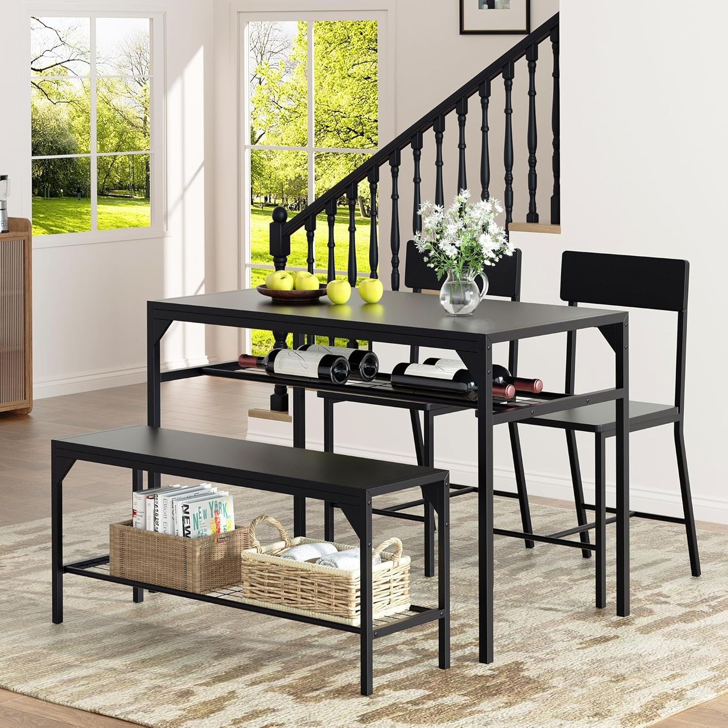 Kitchen Table Chairs Set of 4, Dining Table Set for 4 with Bench and Chairs, 4 Pieces Kitchen Table Set with Storage Rack & Metal Frame for Small Space, Black