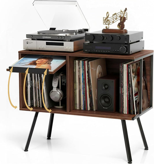 Flip Top Record Player Stand, Large Turntable Stand Holds up to 150+ Albums, Vintage Mid Century Record Player Table, Stereo Cabinet with Open Storage, for Living Room, Bedroom, Walnut