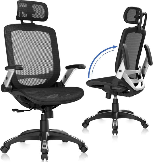 Ergonomic Office Chair, High Back Home Desk Chair with Headrest, Flip-Up Arms, 90-120° Tilt Lock and Wide Cushion, Big and Tall Mesh Chairs for Man Woman, Black Task Chair