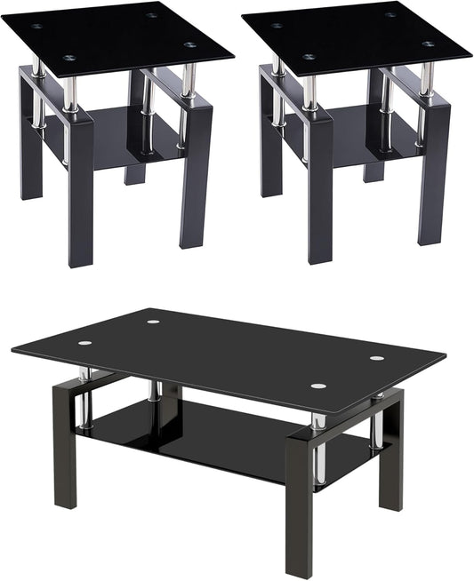 Glass Coffee Table Set of 3, Modern Black Living Room Tables, Coffee and End Tables, 3Pcs Coffee Table Set for Living Room (All Black Set of 3)