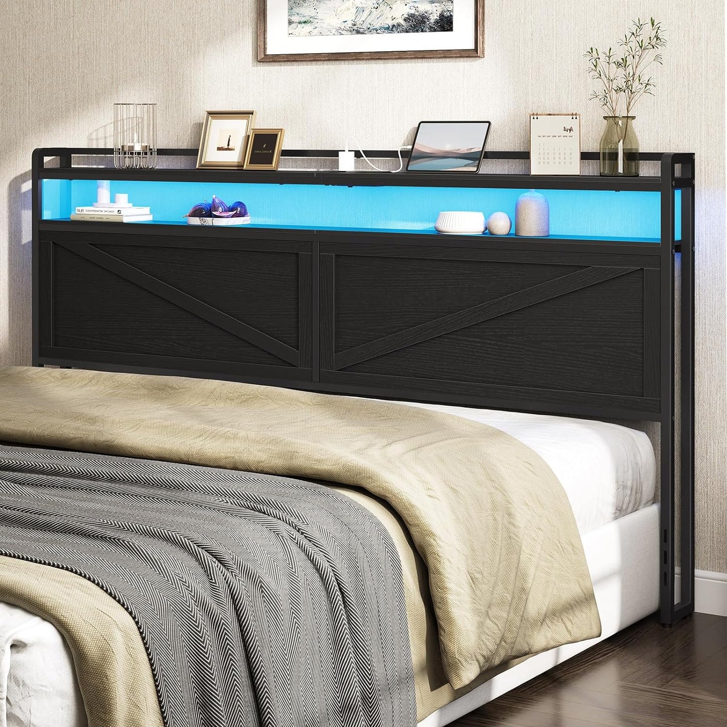 King Size Headboard, Headboard with Charging Station and LED Light Strip, 2-Tier Storage Head Board with Outlets and USB Ports, Industrial Style, for King Size Beds, Black