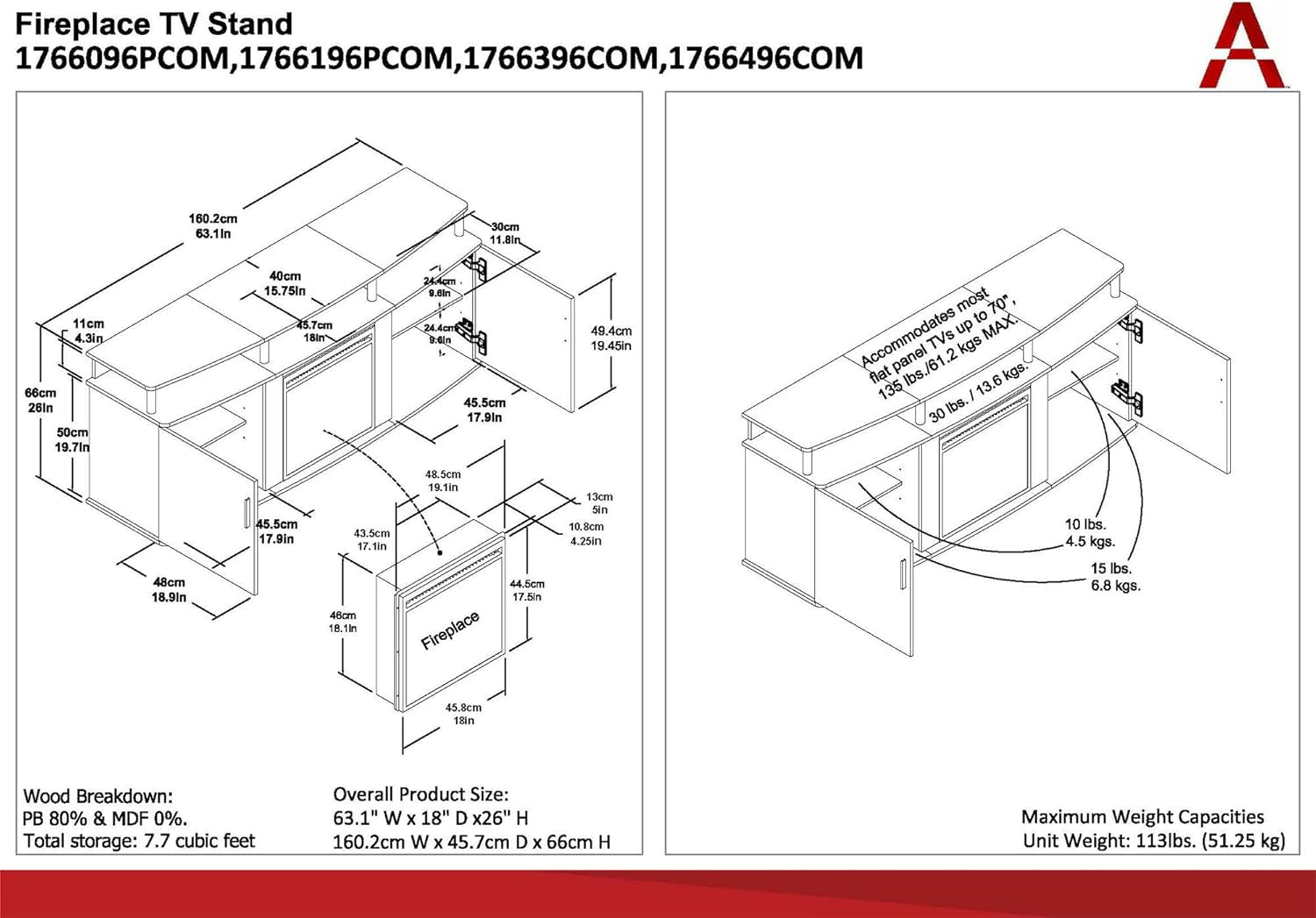 Carson Fireplace TV Stand for Tvs up to 70 Inch, Replaceable Electric Fireplace Insert Heater, Realistic Log and Flame Effect, for Living Room or Bedroom, Black