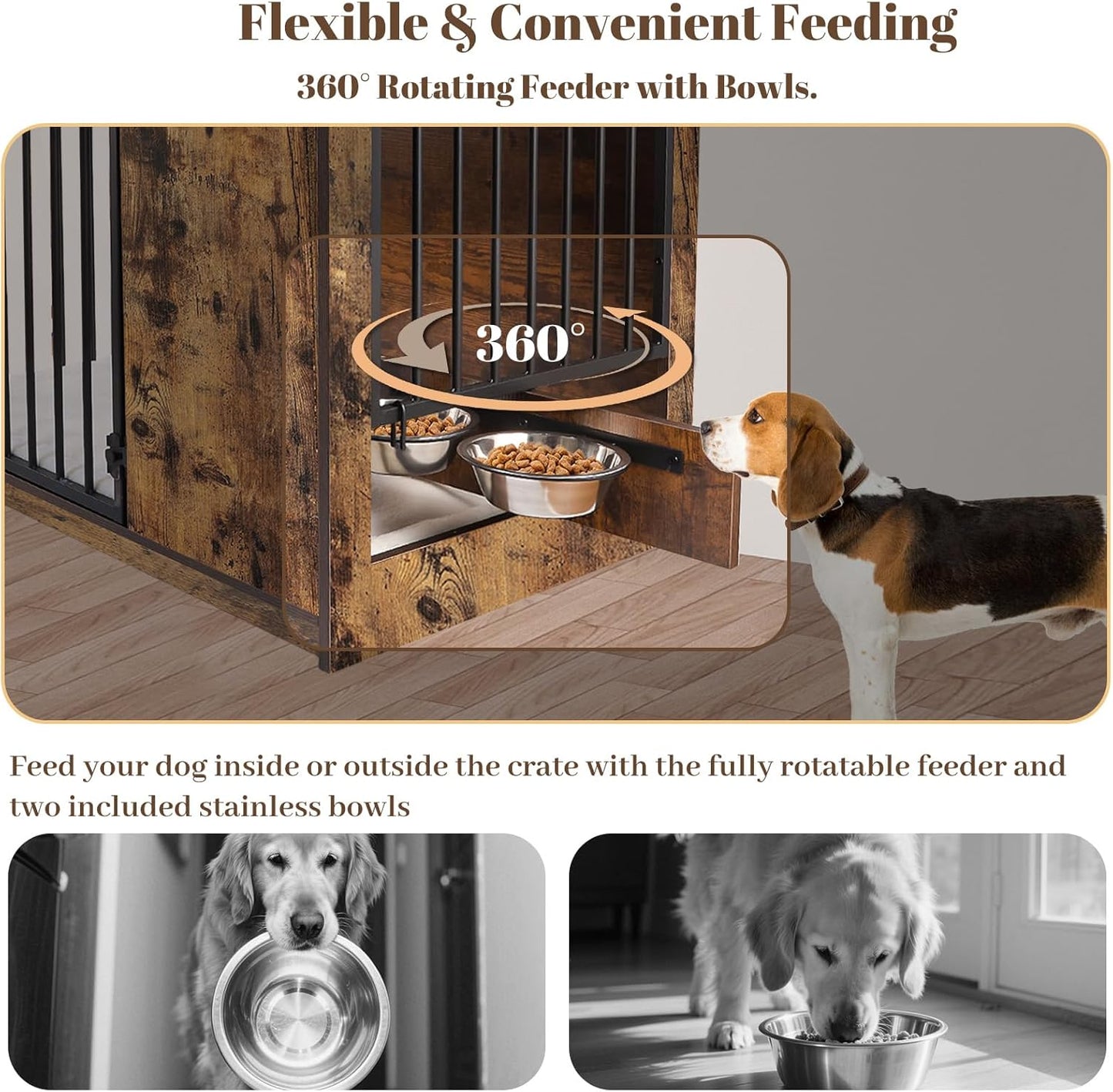 Dog Crate Furniture with Cushion for Large Dogs, 36" Indoor Wooden Dog Kennel with 270° Swivel Door, 360° Rotating Feeder, Decorative Heavy Duty Dog House with Double Locks & Bowls, Rustic Brown