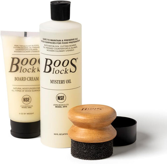 3-Piece Care Set, 16 Oz Mystery Oil, 5 Oz Board Cream & round Applicator - All-Natural Maintenance Formula for Butcher Blocks, Cutting Boards, Wooden Countertops & Wood Utensils