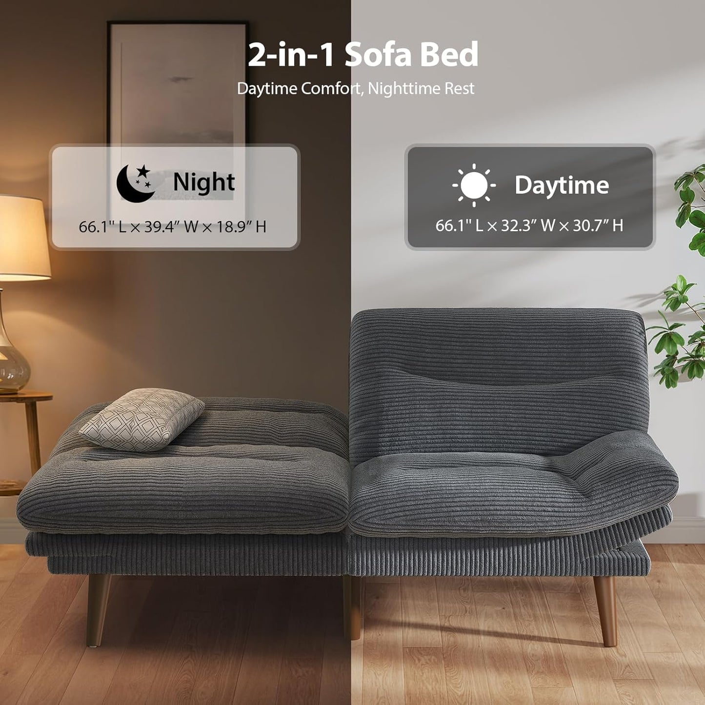 Futon Sofa Bed, Modern 66" Futon Couch Convertible to Bed & Lounger, Compact Size, Corduroy Loveseat, Durable Construction - Fits Small Spaces, Apartments,Study Room (Volcanic Gray, 66 Inch)