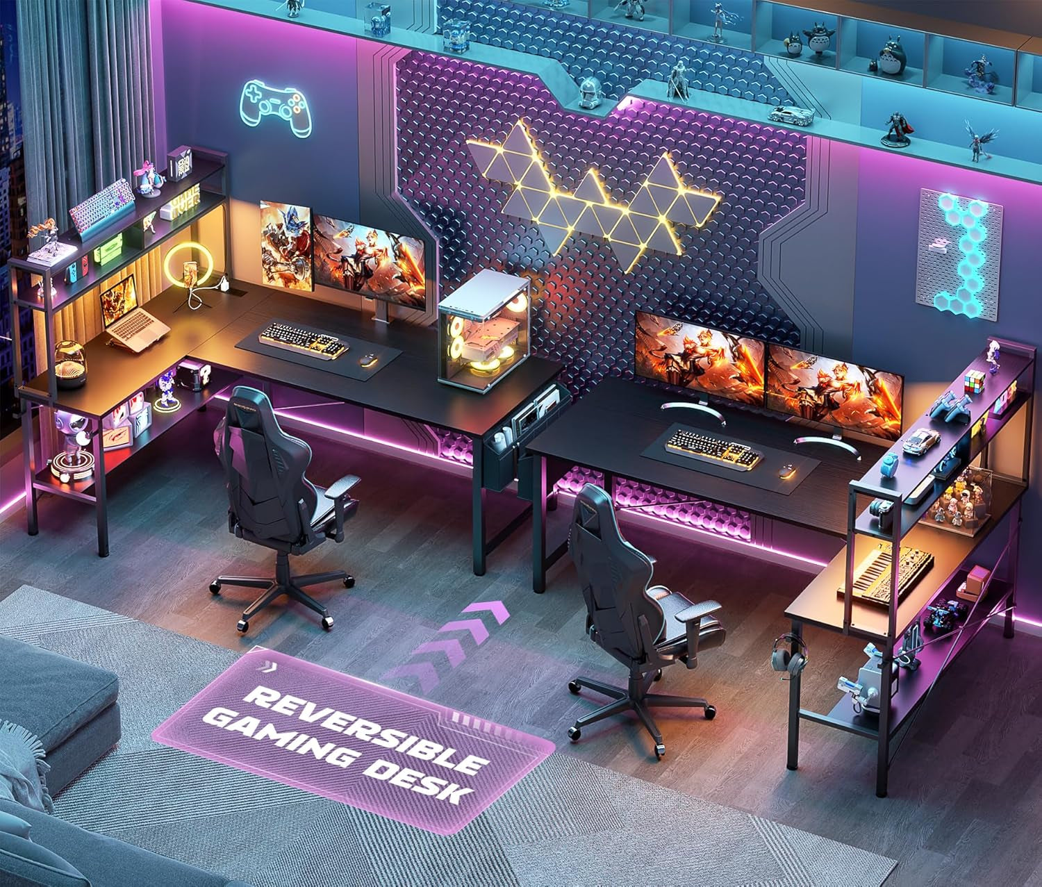 L Shaped Desk Gaming Desk, 59" L Shaped Computer Desk with LED Light & Power Outlet, Reversible Home Office Desk Gamer Desks with Shelves & Storage Bag & Hooks, Corner PC Desk, Black