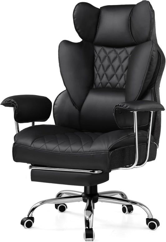 Gaming Chair,Office Chair with Pocket Spring Lumbar Support, Ergonomic Comfortable Wide Office Desk Computer Chair with Outward Fixed Soft Armrests and Footrest (PU Leather, Black)