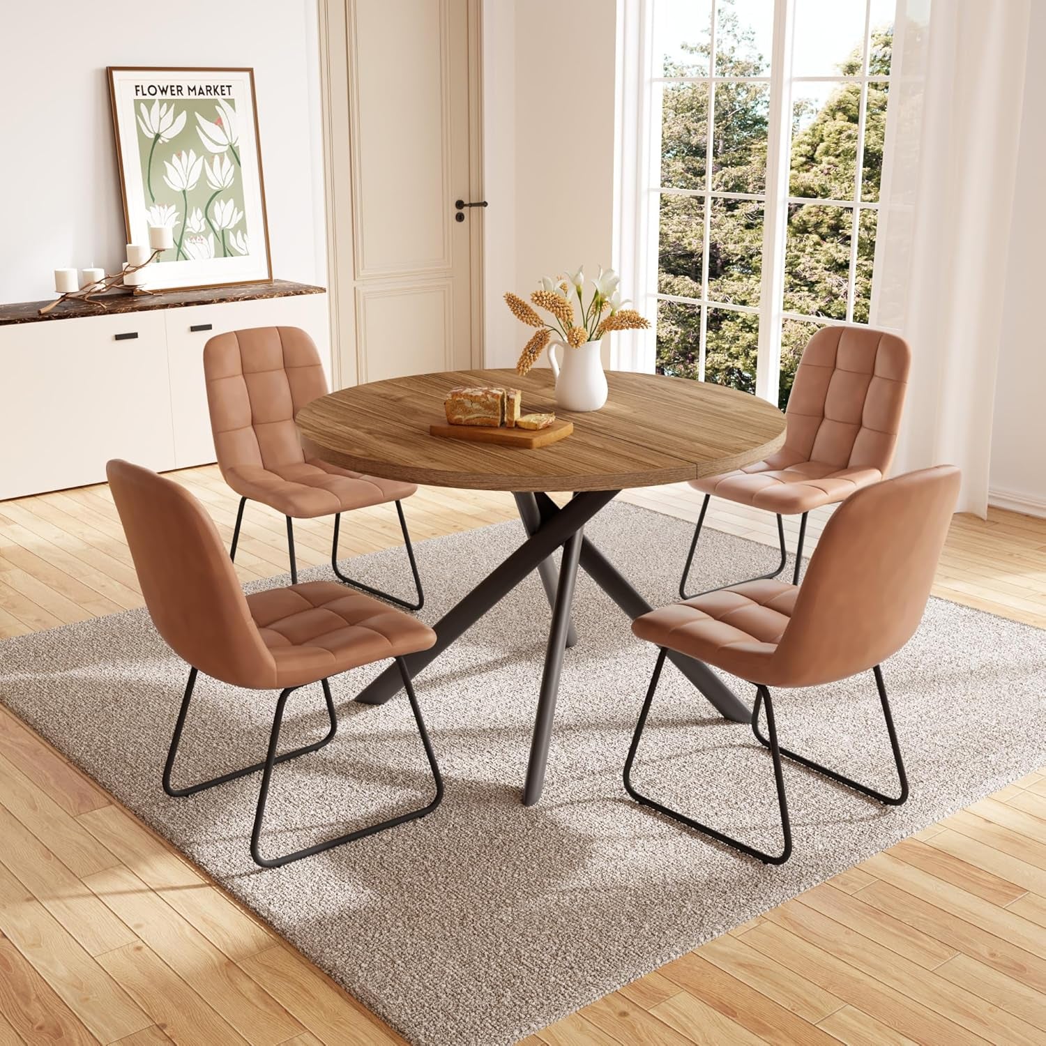 45.3 Inch round Dining Table Set for 4, Mid Century Modern Small Coffee Set for Dining Room Kitchen Apartment (Light Walnut + 4 U-Shaped Brown Chairs)