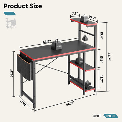 Gaming Desk with LED Lights, 44 Inch PC Gamer Desk for Small Spaces, Computer Desk with Reversible Storage Shelves & Side Storage Bag (Black 3D Carbon Fiber)