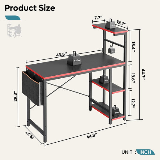 Gaming Desk with LED Lights, 44 Inch PC Gamer Desk for Small Spaces, Computer Desk with Reversible Storage Shelves & Side Storage Bag (Black 3D Carbon Fiber)
