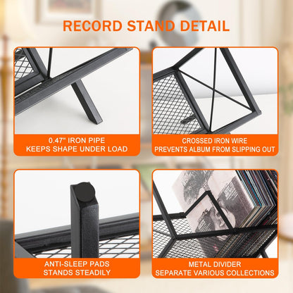 Vinyl Record Storage Holder - 80-100 LP Vinyl Organizer, Metal Record Display Rack, Quick Assembly Album Storage for Books, Black