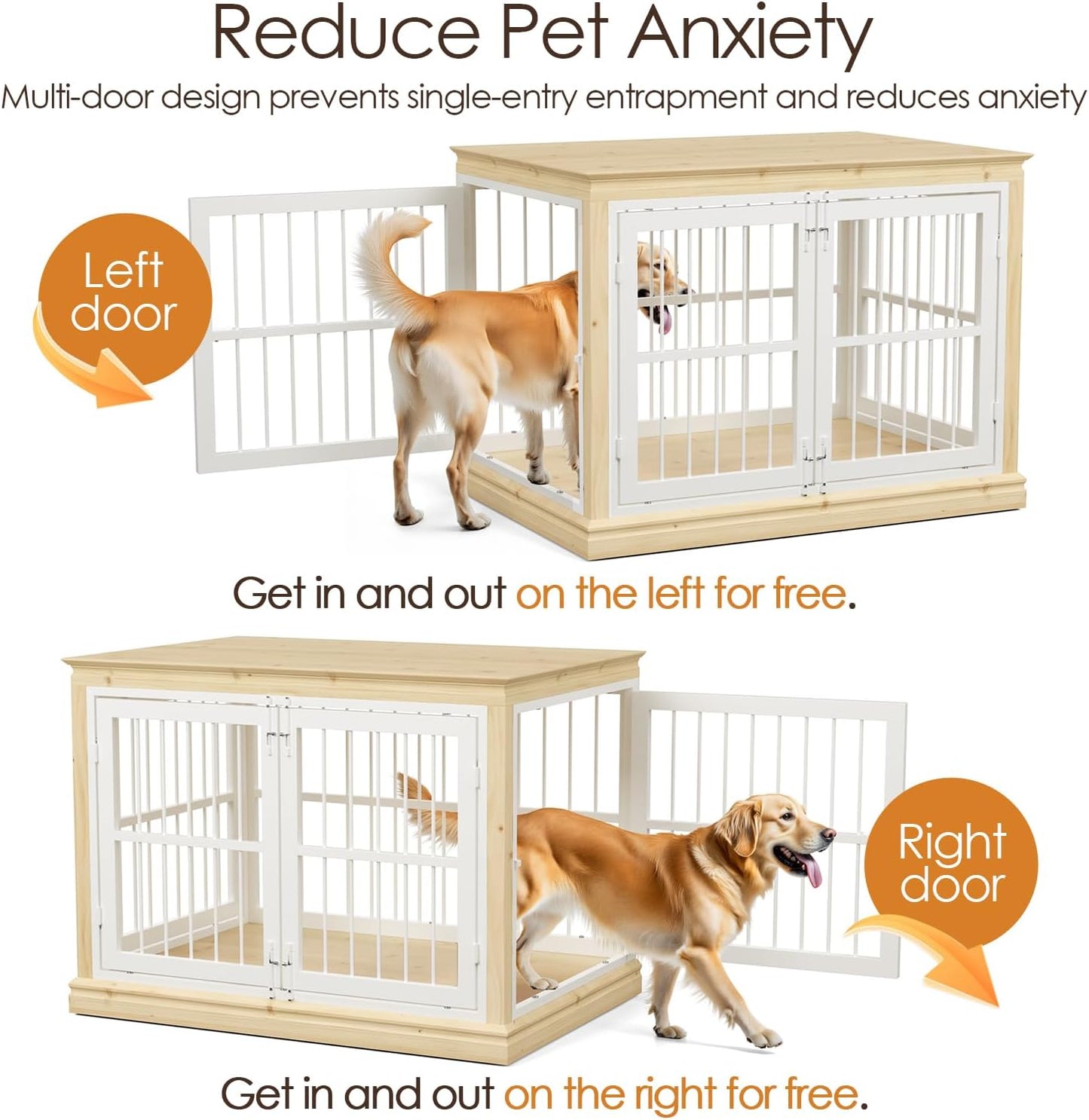 Dog Crate Furniture for Dogs - 42Inch Large Dog Crate Sideboard and TV Stand, Solid Wood Chew-Proof and Silent Latches Design for Large and Medium Dogs, Wood Dog Kennel-(White+Natural)