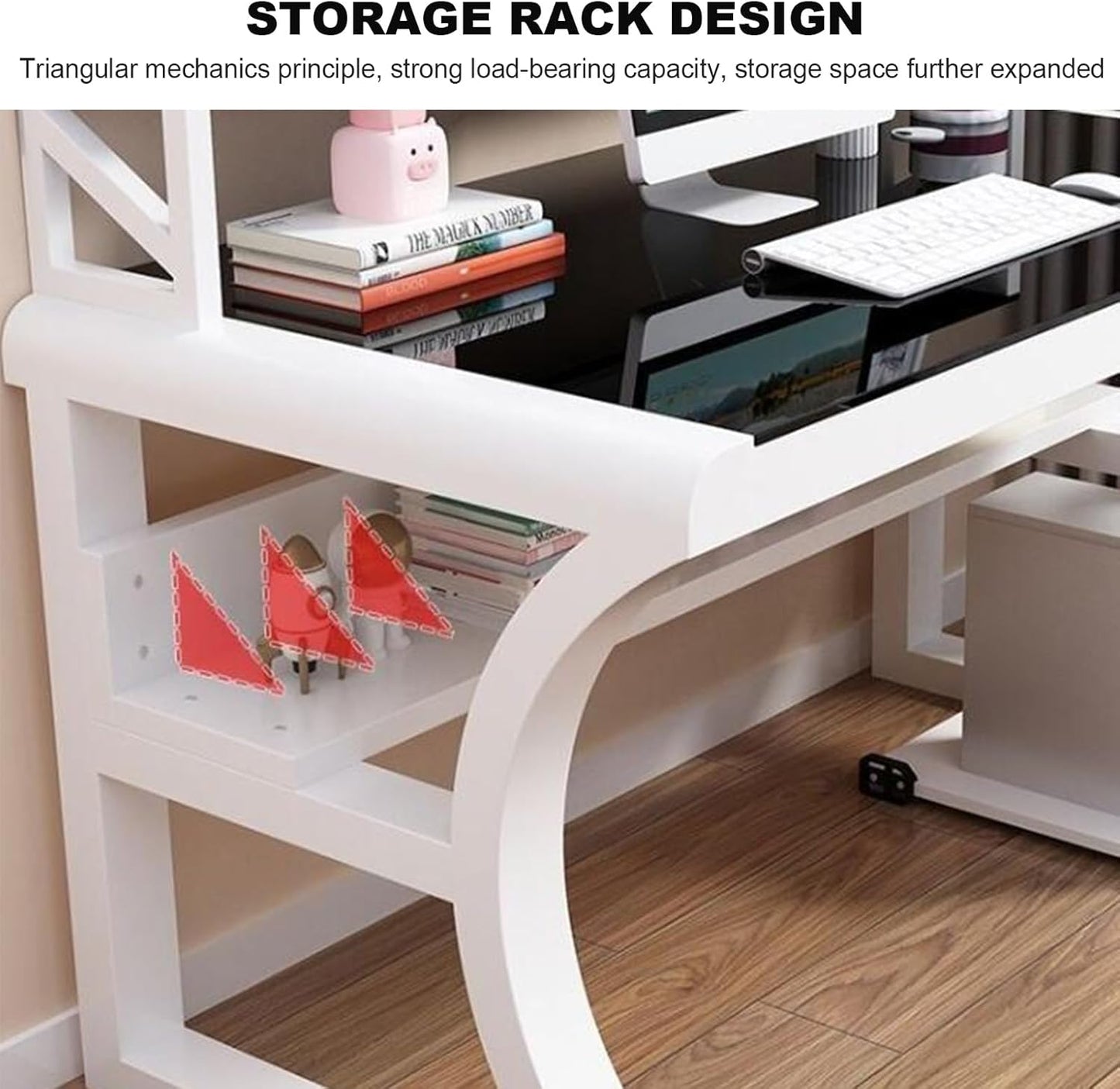 Computer Desk with Storage Shelves, Gaming Table with Tempered Glass Top and Metal Frame, Modern Simple Writing Desk Table for Home Office Workstation