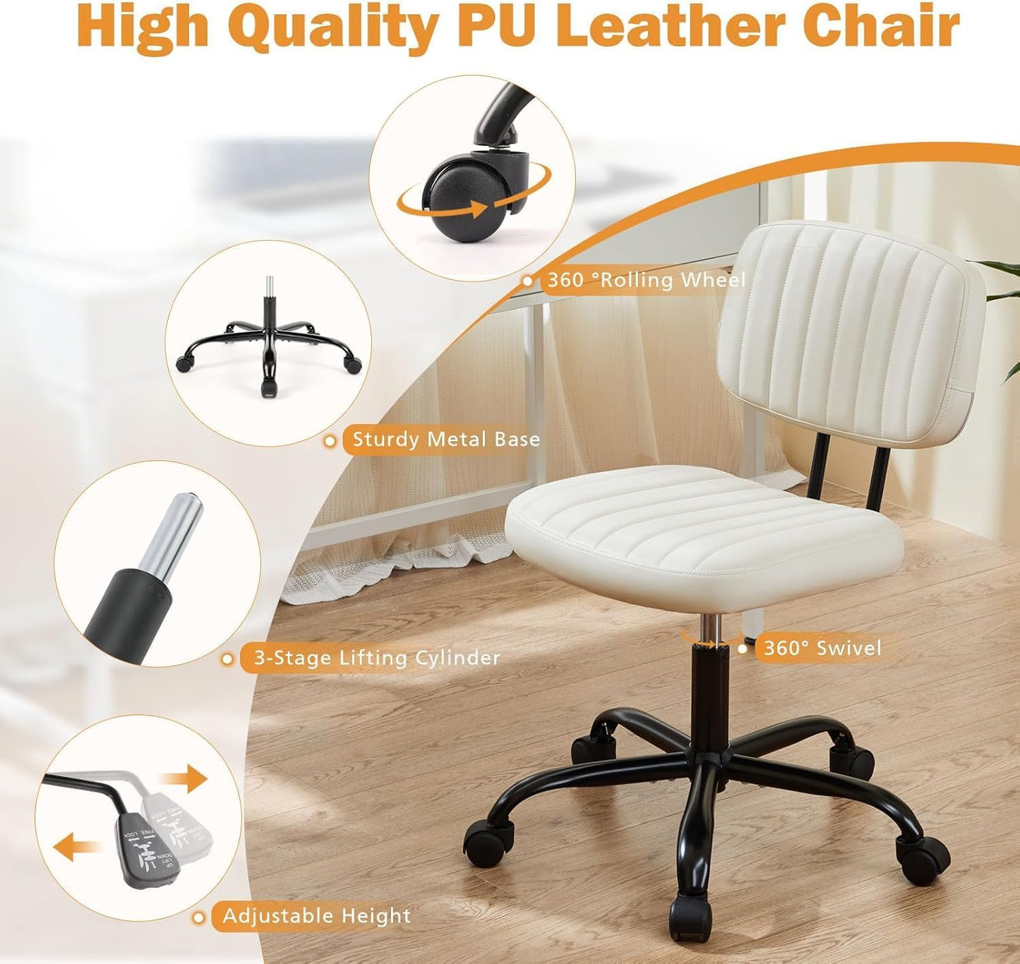 Small Office Desk Chair - Armless PU Leather with Comfy Lumbar Support, Height Adjustable Rolling Swivel Task for No Arms, for Adult, Student, Bedroom, Home, Vanity, Beige White