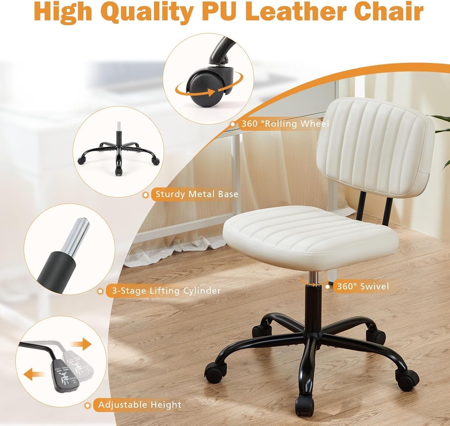 Small Office Desk Chair - Armless PU Leather with Comfy Lumbar Support, Height Adjustable Rolling Swivel Task for No Arms, for Adult, Student, Bedroom, Home, Vanity, Beige White