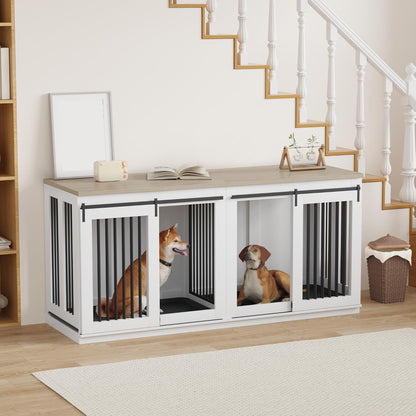 Dog Crate Furniture for 2 Large Dogs,71" Farmhouse Double Kennel with Sliding Door,Heavy Duty Wooden Dog Crate Kennel End Table Tv Stand