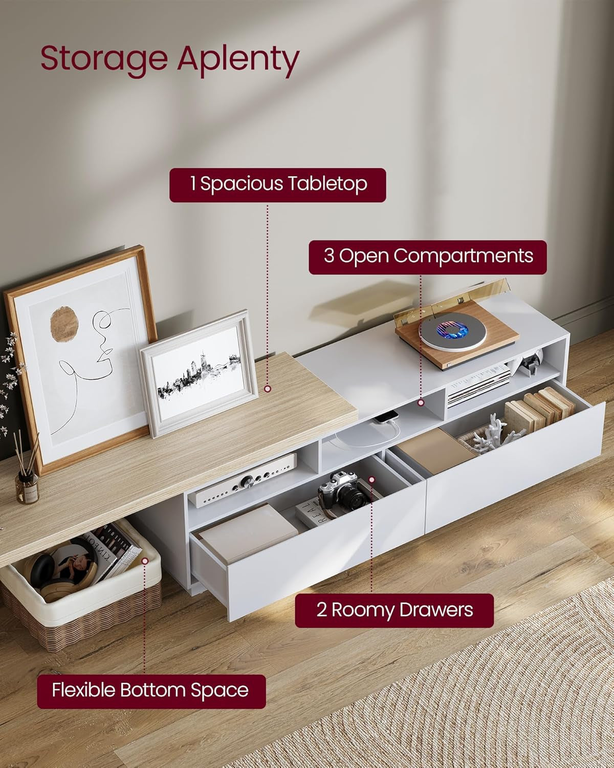 TV Stand with Power Outlet, Adjustable Length 63.8-106 Inches, Modular L-Shaped TV Console Table, LED Light, Fits Large Screen TV, for Living Room, Cloud White and Natural Beige ULTV126W01