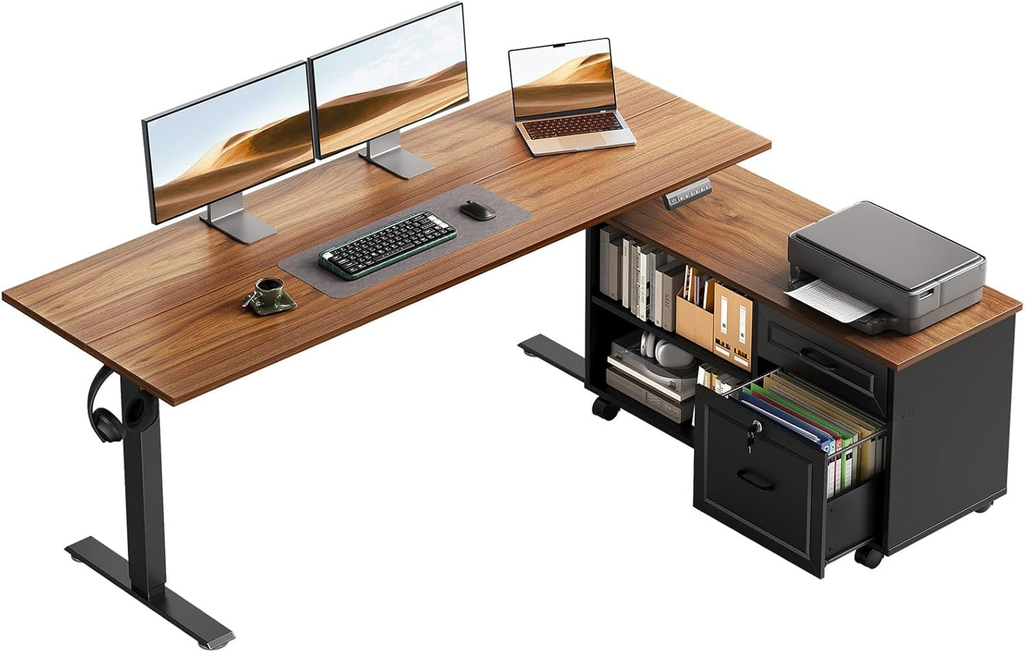 55 Inch L Shaped Electric Standing Desk with Drawers & File Cabinet Sets, Executive Sit Stand Desk, Height Adjustable Computer Desk for Home Office, Writing, Workstation, Walnut+Black
