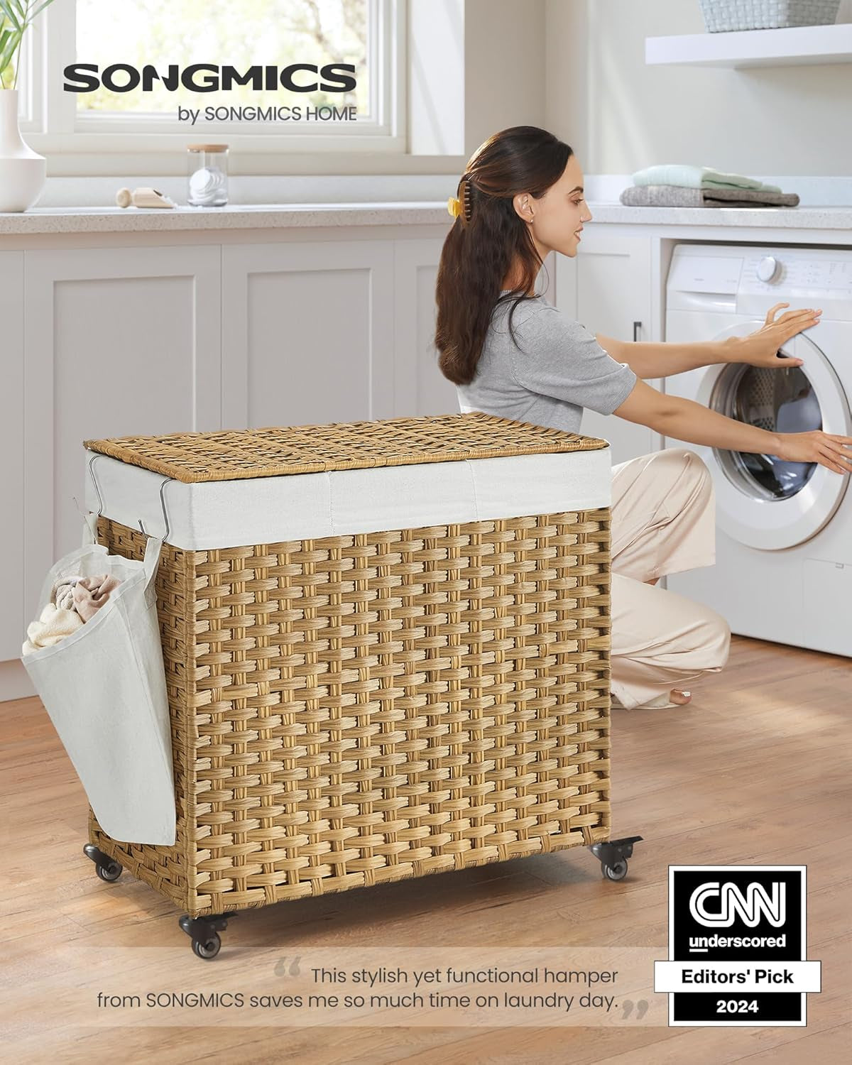 Laundry Hamper with Lid, 42.3 Gallons (160 L), Rolling Laundry Basket with Wheels, 3-Section Synthetic Rattan, Removable Liner, Bedroom, 27.6 X 14.2 X 26 Inches, Natural ULCB365N01