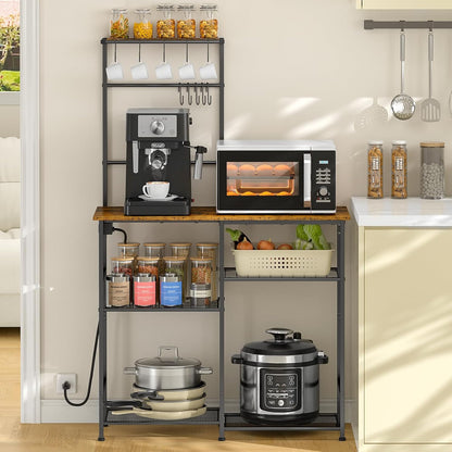 Bakers Rack with Power Outlet, Kitchen Microwave Stand with 10 S-Shaped Hooks, 6-Tier Coffee Bar Station, Kitchen Storage Shelf Rack for Spices, Pots, Rustic Brown