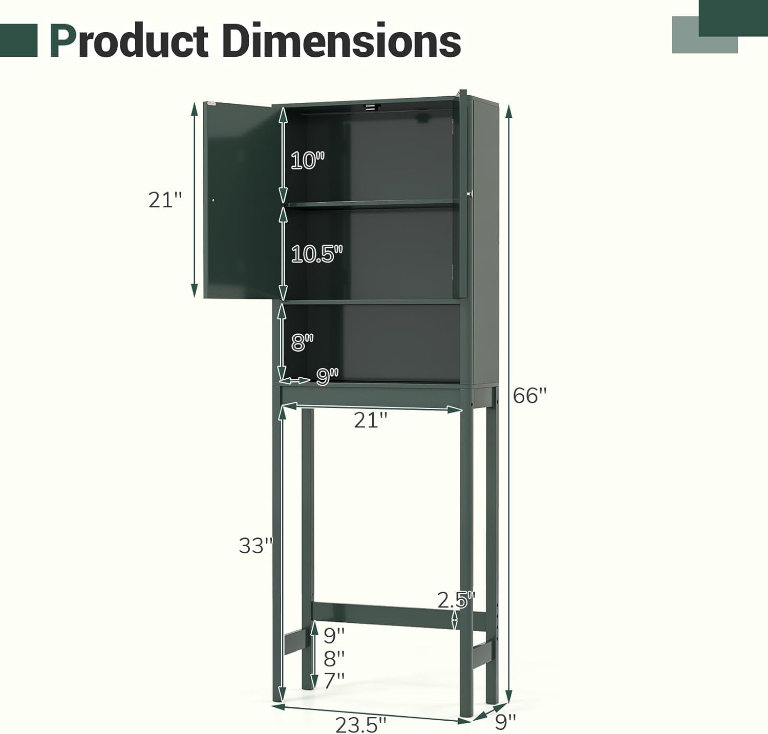 over the Toilet Storage Cabinet, Bathroom Organizer W/Fluted Doors, Adjustable Shelf&Bottom Bar, Open Storage Cube, Space-Saving above Toilet Storage Cabinet for Laundry (Forest Green)