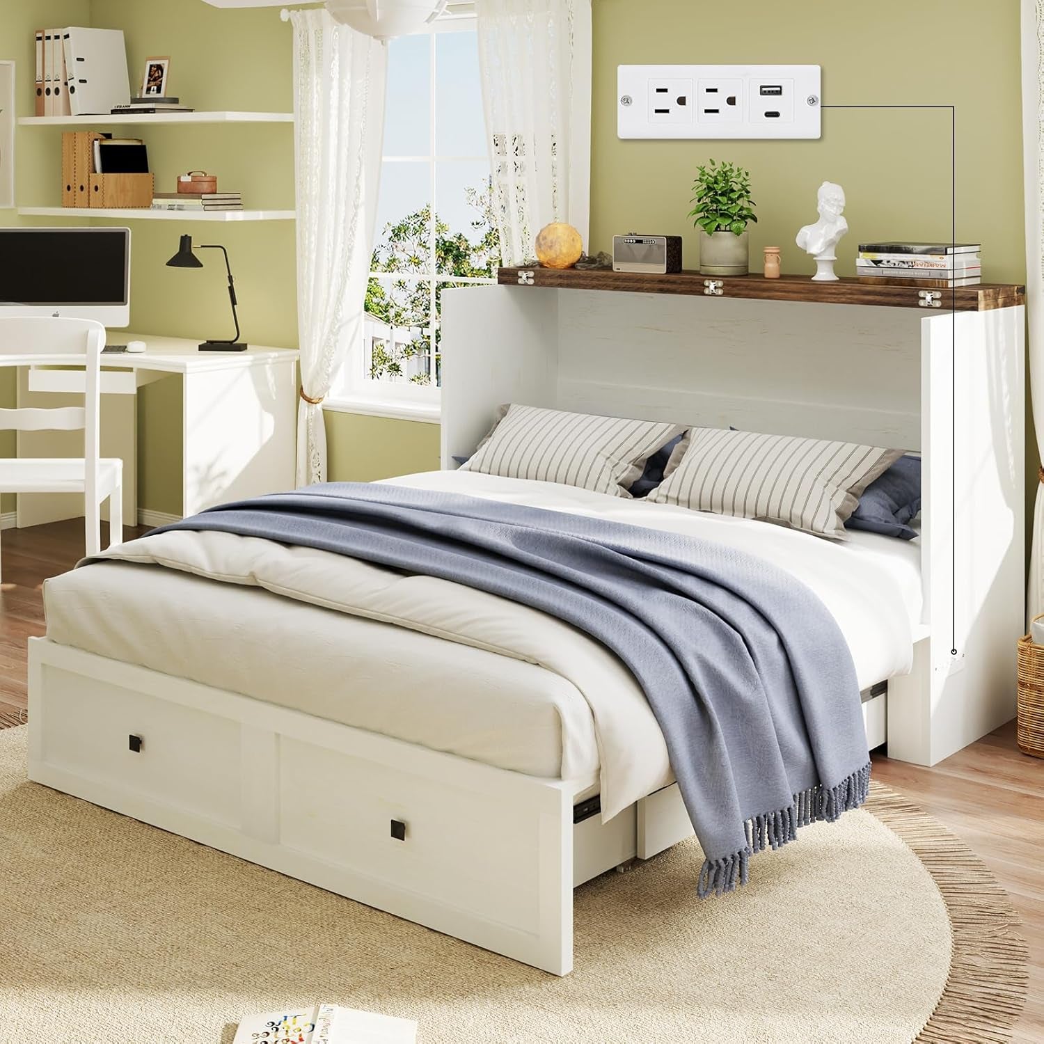 Murphy Bed with Charging Station, Queen Size Cabinet Bed with Large Storage Drawer for Home Office or Small Room, Hideaway Full Foldable Platform Bed, White