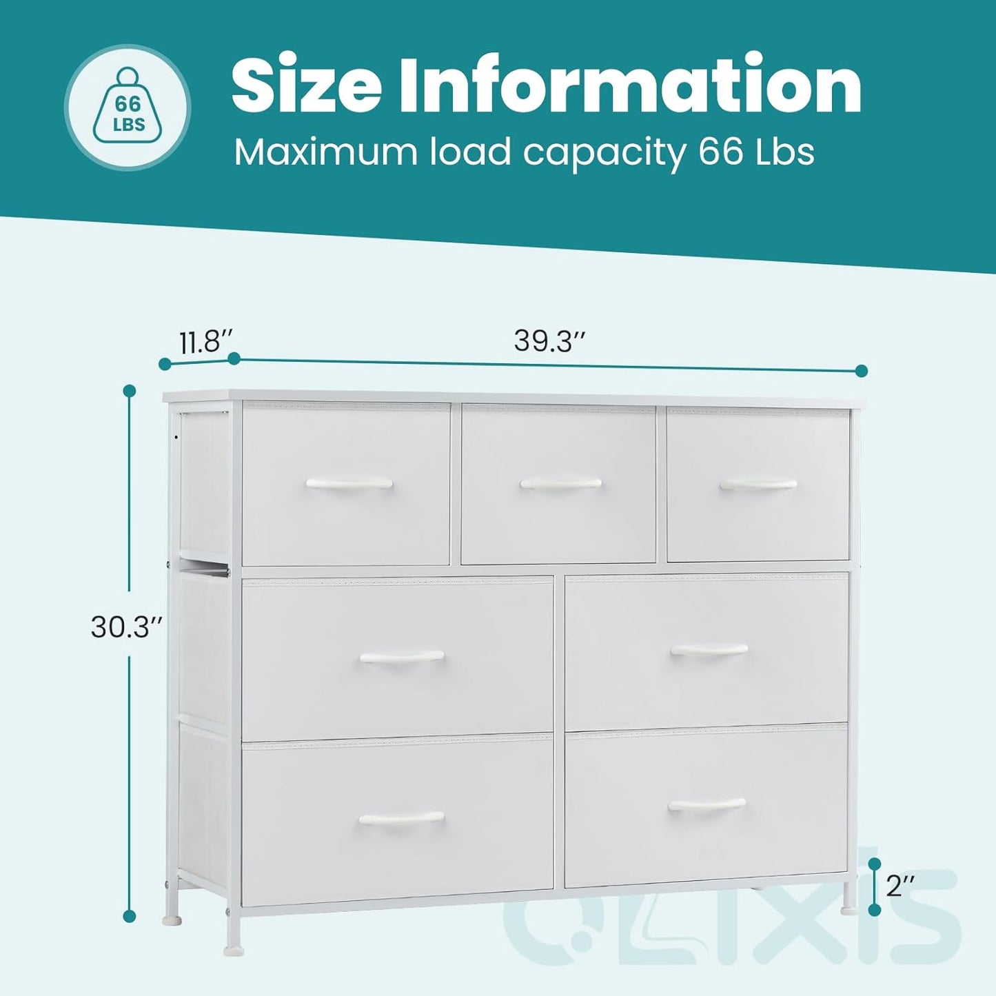 7 Drawer Dresser for Bedroom, Wide Fabric Storage Tower with Wooden Top and Metal Frame, Closet Chest Organizer Furniture, TV Stand for Living Room Hallway, White